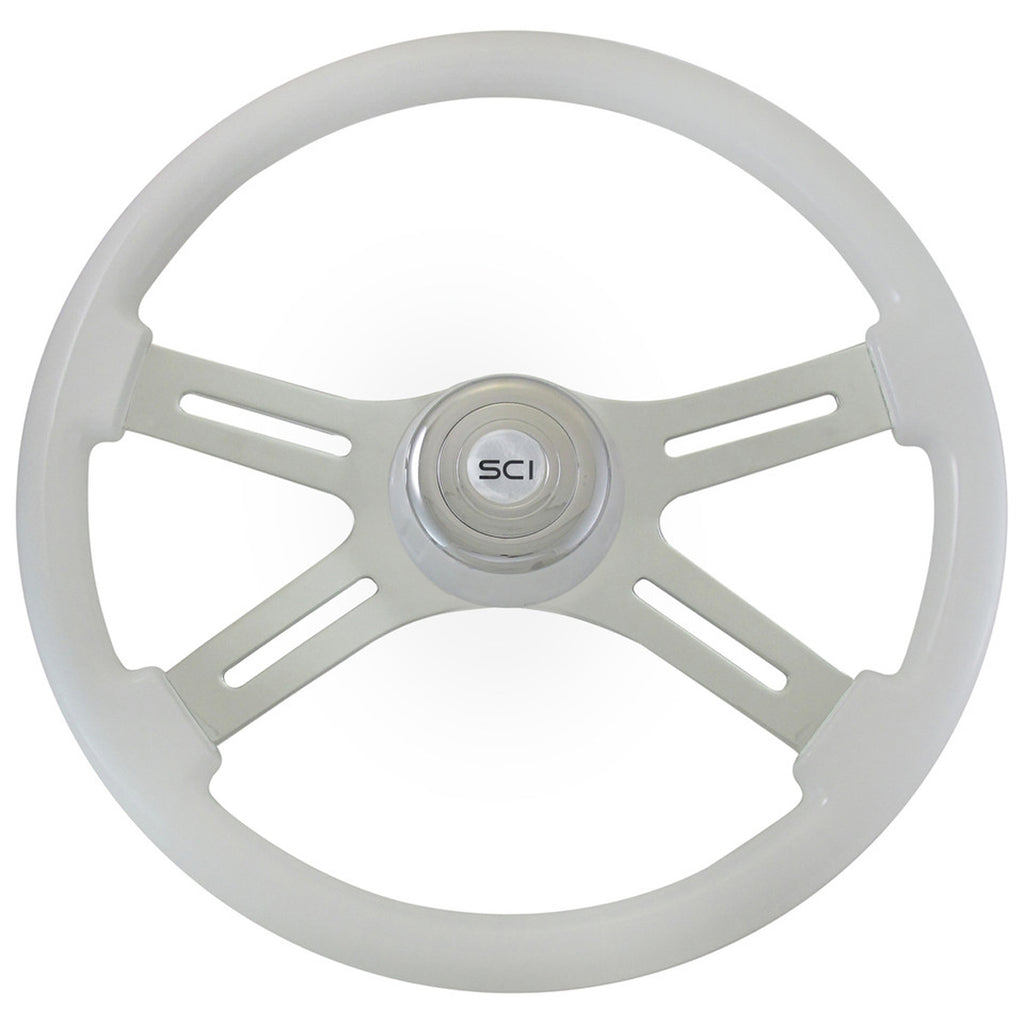 18" Classic Wood Steering Wheel w/ Chrome 4-Spokes & Matching Bezel (White)