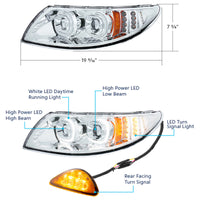 Chrome LED Projector Headlight w Rear Facing Turn Signal for DuraStar 2002-2018 - Driver's Side