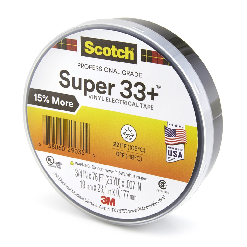 3M Scotch® Super 33+ Professional Grade Black Electrical Tape, 3/4" Wide, 76' Roll