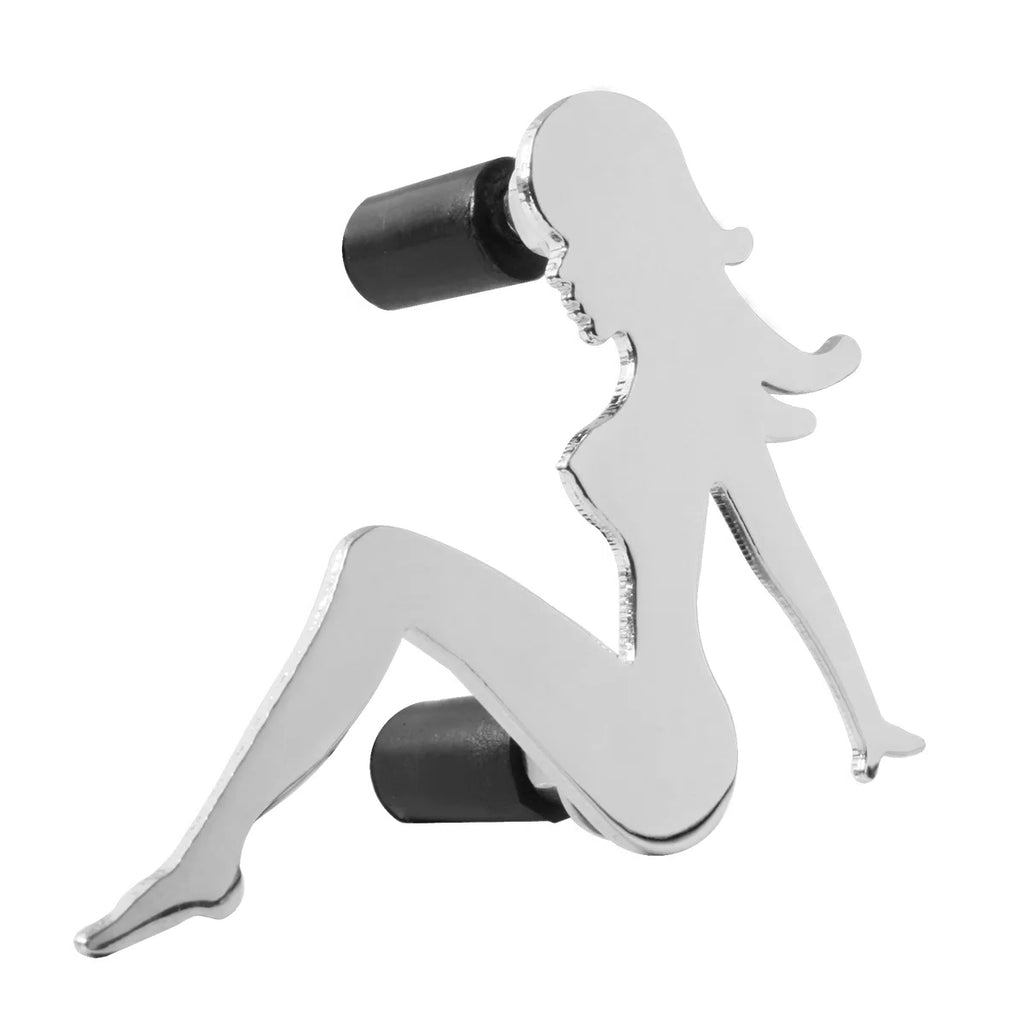 Chromed Steel "Sitting Nude Lady" Cut Out w 2 Mounting Studs