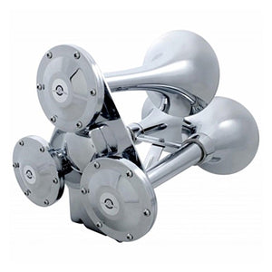 3 Trumpet Air Powered Chrome Train Horn w Support Bracket