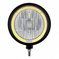 Black "Billet" Style Groove Headlight 9007 Bulb With Amber or White LED Halo Rim
