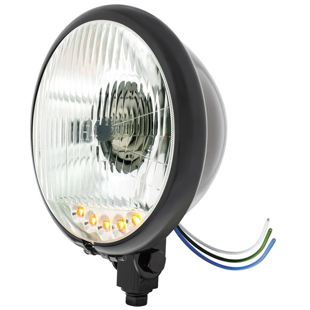 Black 5-3/4" Motorcycle Headlight H4 Bulb With 5 Amber LEDs (Bottom or Side Mount)