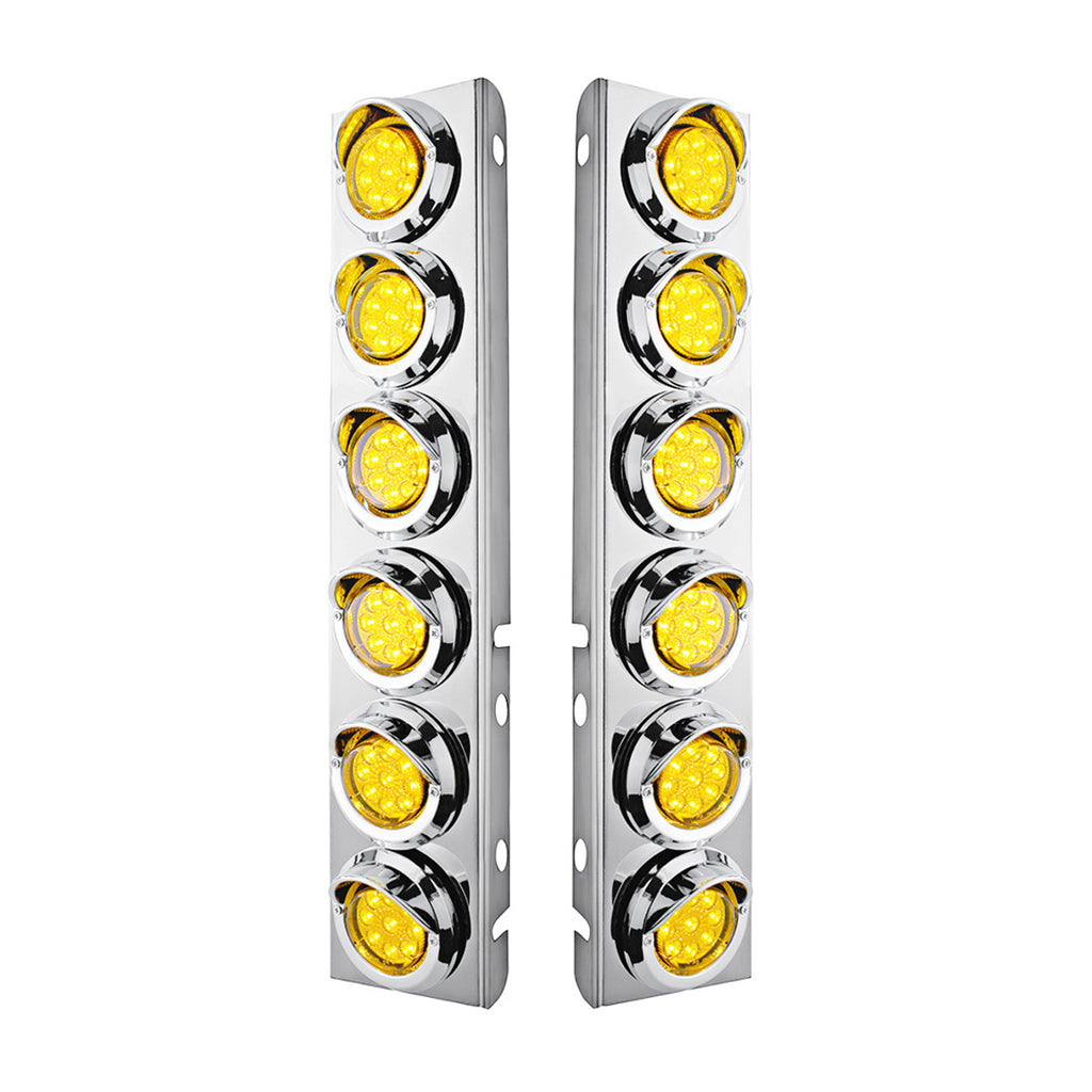 Stainless Steel Front Air Cleaner Bracket With 12 X 9 LED 2" Reflector Lights & Visors For Peterbilt - Amber LEDs (Amber or Clear Lens)