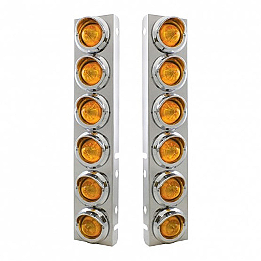 Stainless Steel Front Air Cleaner Bracket With 12 X 9 LED 2" Beehive Lights & Visors For Peterbilt - Amber LEDs (Amber or Clear Lens)