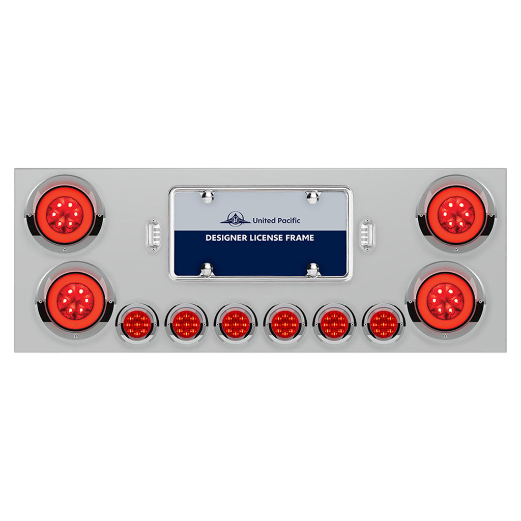 Stainless Steel Rear Center Panel With 4 X 21 LED 4" GloLight w/ 6 X 9 LED 2" Lights & Visors - Red LEDs (Red or Clear Lens)