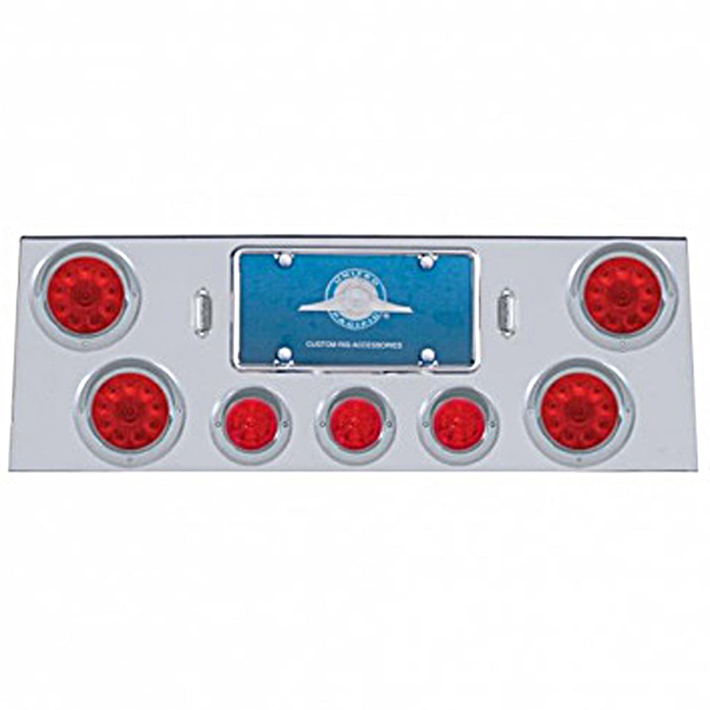 Stainless Steel Rear Center Panel w/ 4 X 10 LED 4" Light & 3 X 13 LED 2-1/2" Beehive Light+Visor - Red LEDs (Red or Clear Lens)