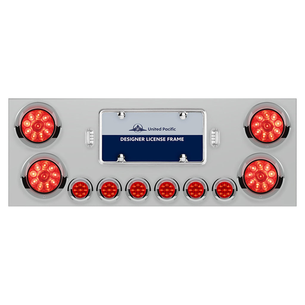 Stainless Steel Rear Center Panel w/ 4 X 10 LED 4" Lights & 6 X 9 LED 2" Lights & Visors - Red LEDs (Red or Clear Lens)