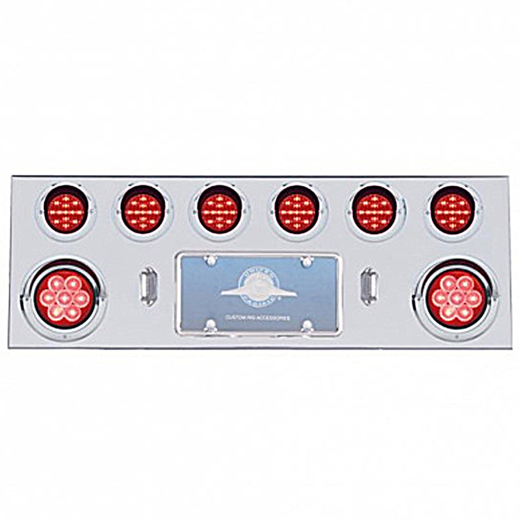 Stainless Steel Rear Center Panel w/ 2 X 7 LED 4" Reflector Light & 6 X 13 LED 2-1/2" Light & Visor - Red LEDs (Red or Clear Lens)