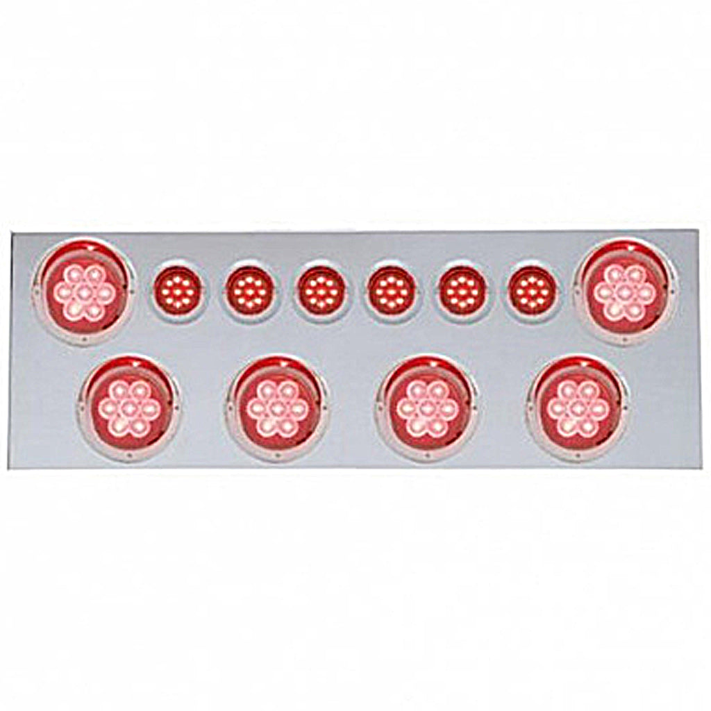 Stainless Steel Rear Center Panel w/ 6 X 7 LED 4" Reflector Lights & 6 X 9 LED 2" Lights & Visors - Red LEDs (Red or Clear Lens)