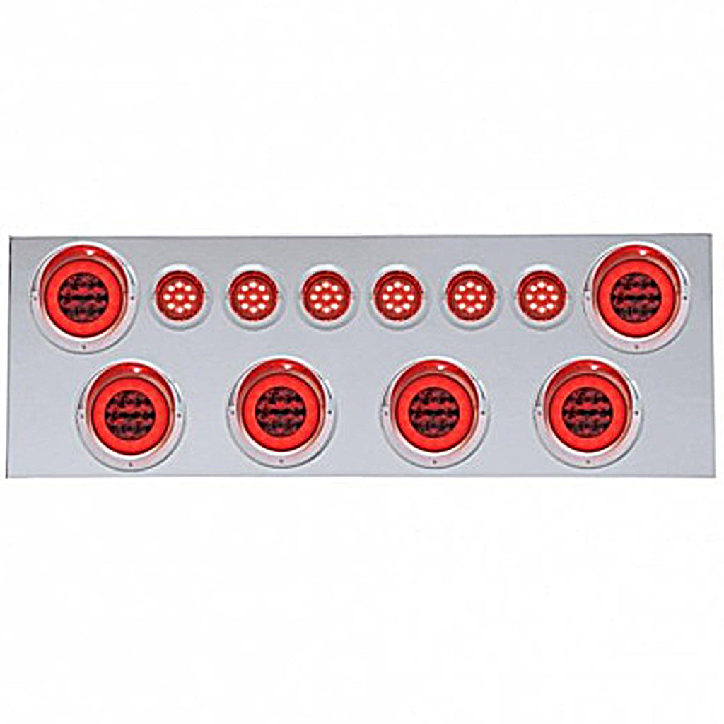 Stainless Steel Rear Center Panel w/ 6 X 21 LED 4" GloLight &  6 X 6 or 6 X 9 LED 2" GloLight & Visor - Red LEDs & Lens