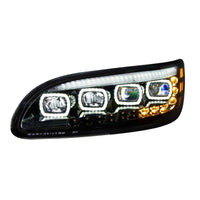 Black Quad-LED Headlight With LED DRL & Seq. Signal For 2005-2015 Peterbilt 386 (Driver or Passenger Side)