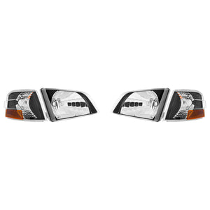 United Pacific - Black Bezel Headlight Assembly With Turn Signal For 1996-2003 Volvo VN (Set)