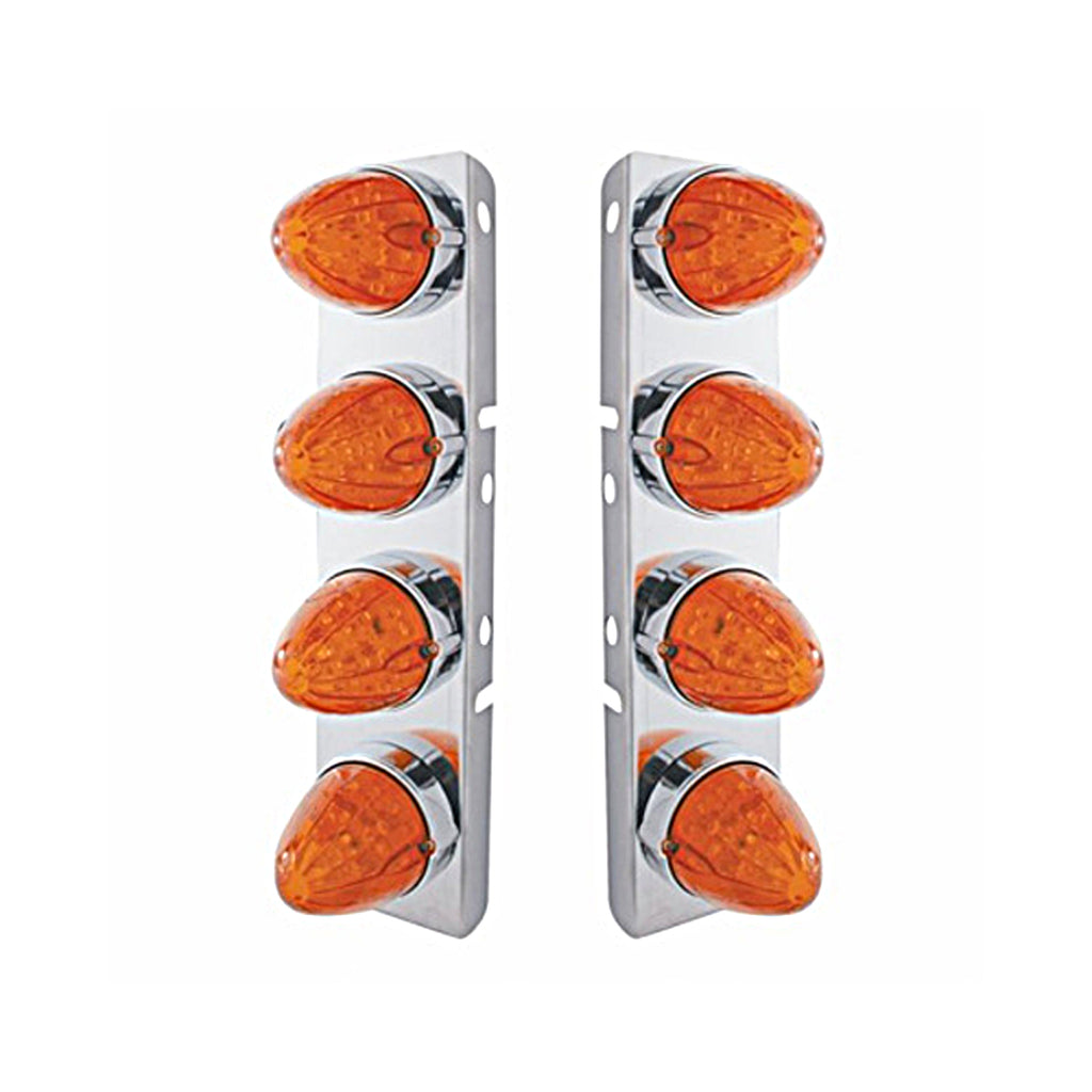 Stainless Steel Front Air Cleaner Bracket w/ 8 X 19 LED Watermelon Lights & Bezels or Visors For Peterbilt - Amber LEDs (Dark Amber Lens)
