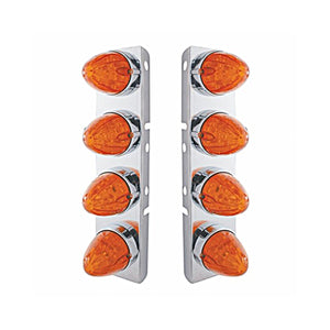 Stainless Steel Front Air Cleaner Bracket w/ 8 X 19 LED Watermelon Lights & Bezels or Visors For Peterbilt - Amber LEDs (Dark Amber Lens)