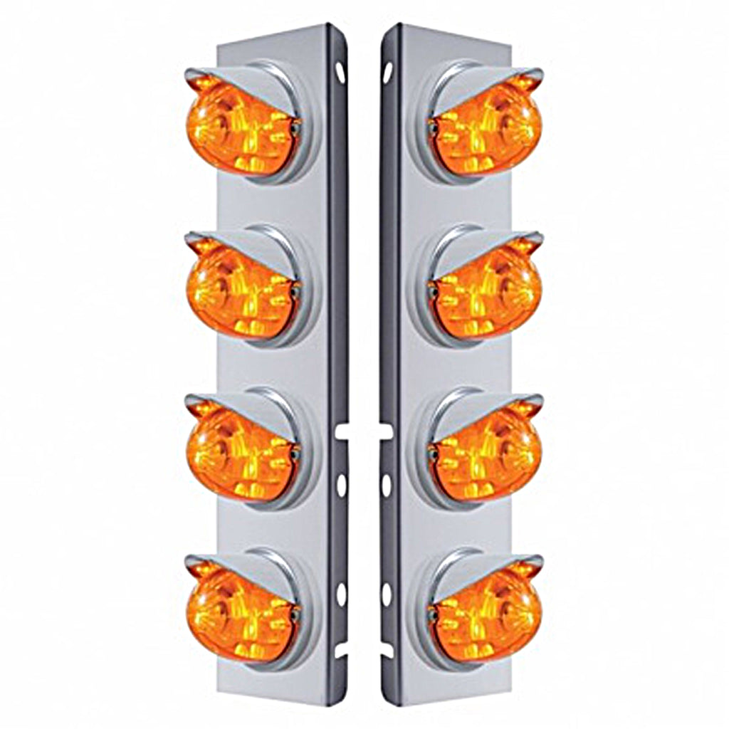 Stainless Steel Front Air Cleaner Bracket w/ 8 X 17 LED Watermelon Lights & Visors For Peterbilt - Amber LEDs (Amber or Clear Lens)