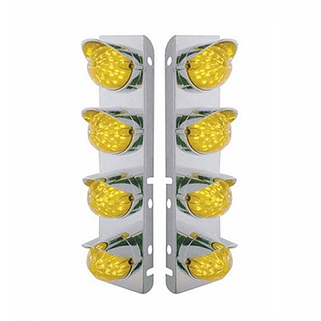 SS Front Air Cleaner Bracket With 8X 17 Amber LED Hi/Lo Watermelon Lights & SS Visors For Peterbilt - Amber LEDs (Amber or Clear Lens)