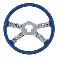 United Pacific - 18" Chrome Steering Wheel With Skull Accent (Wood, Blue, Red or Black)