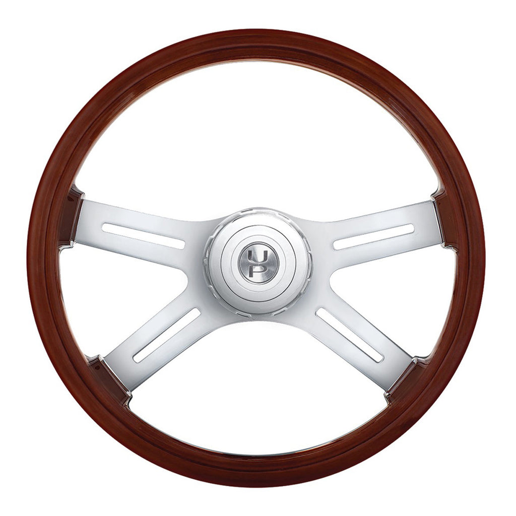 18" 4-Spoke Style Wood Steering Wheel With Hub & Horn Button Kit For Peterbilt (2006+) & Kenworth (2003+)