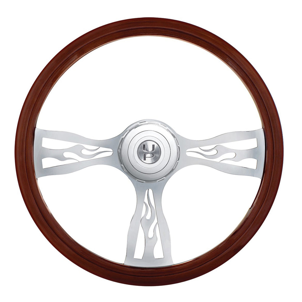 18" Flame Style Wood Steering Wheel With Hub & Horn Button Kit For Peterbilt (2006+) & Kenworth (2003+)