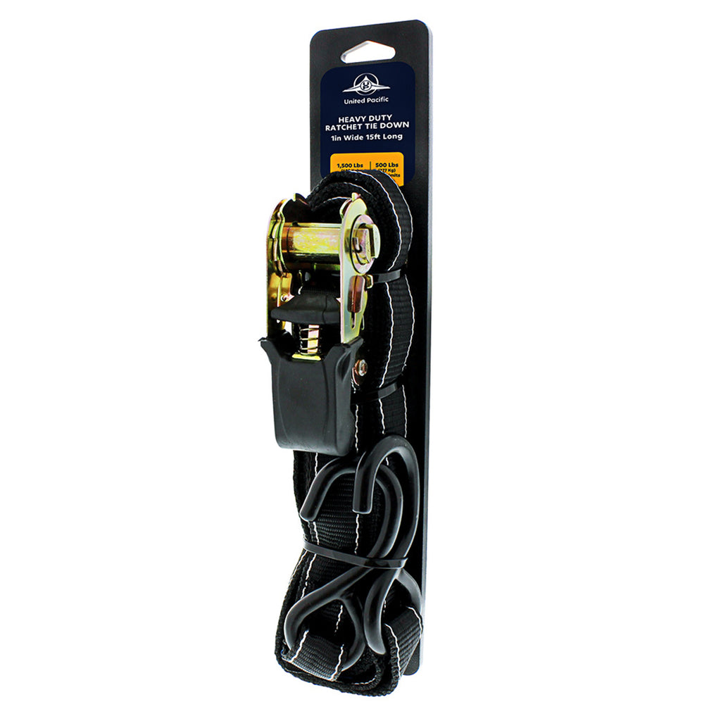 United Pacific - 1" X 15' Ratchet Tie Down w S Hook (Single or 4 Pack)