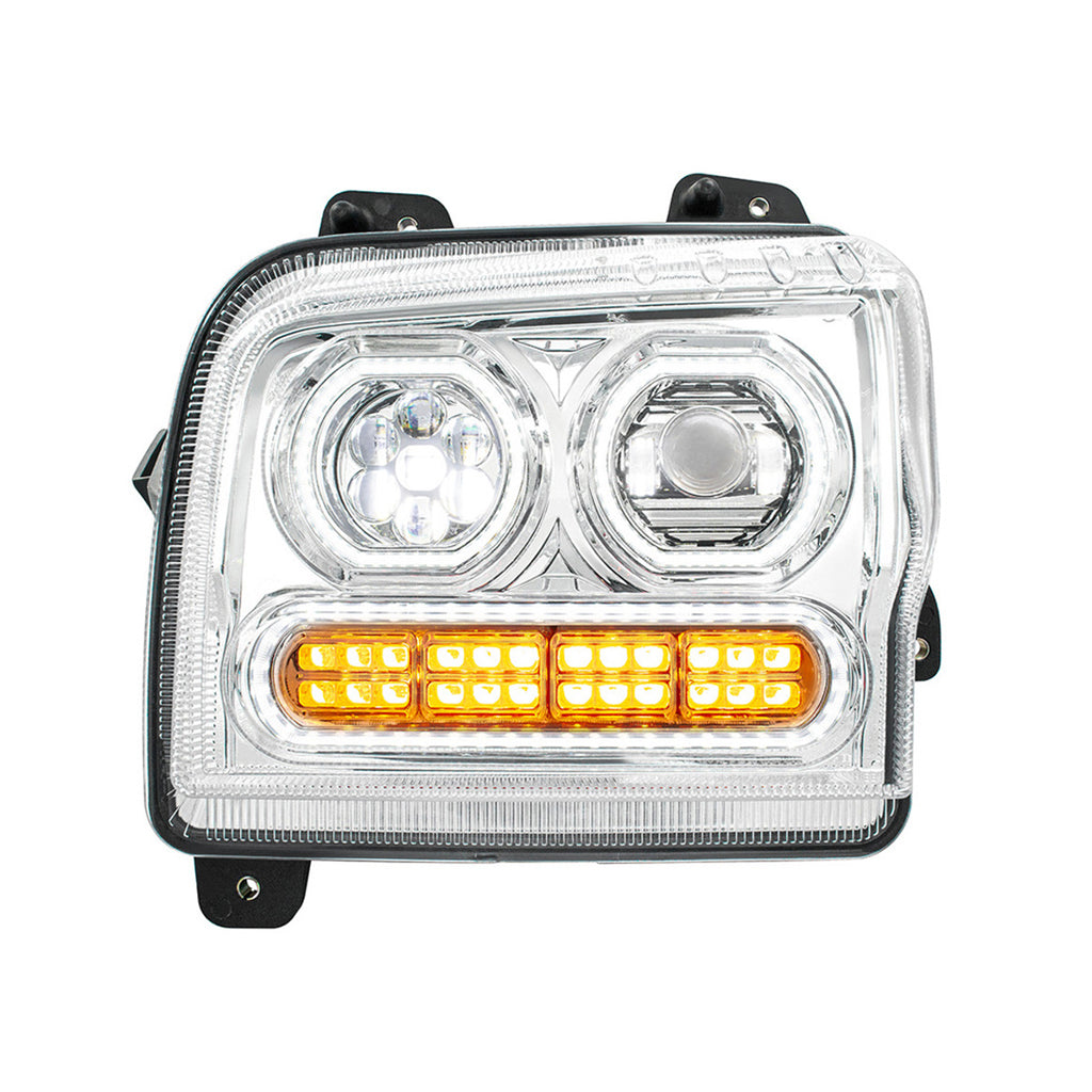 High Power 10 LED Chrome or Black Headlight w 24 LED Turn & 100 LED Halo For 2019-2024 Kenworth W990 (Driver or Passenger Side)