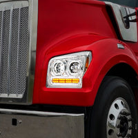 High Power 10 LED Chrome or Black Headlight w 24 LED Turn & 100 LED Halo For 2019-2024 Kenworth W990 (Driver or Passenger Side)