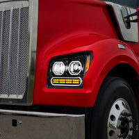 High Power 10 LED Chrome or Black Headlight w 24 LED Turn & 100 LED Halo For 2019-2024 Kenworth W990 (Driver or Passenger Side)