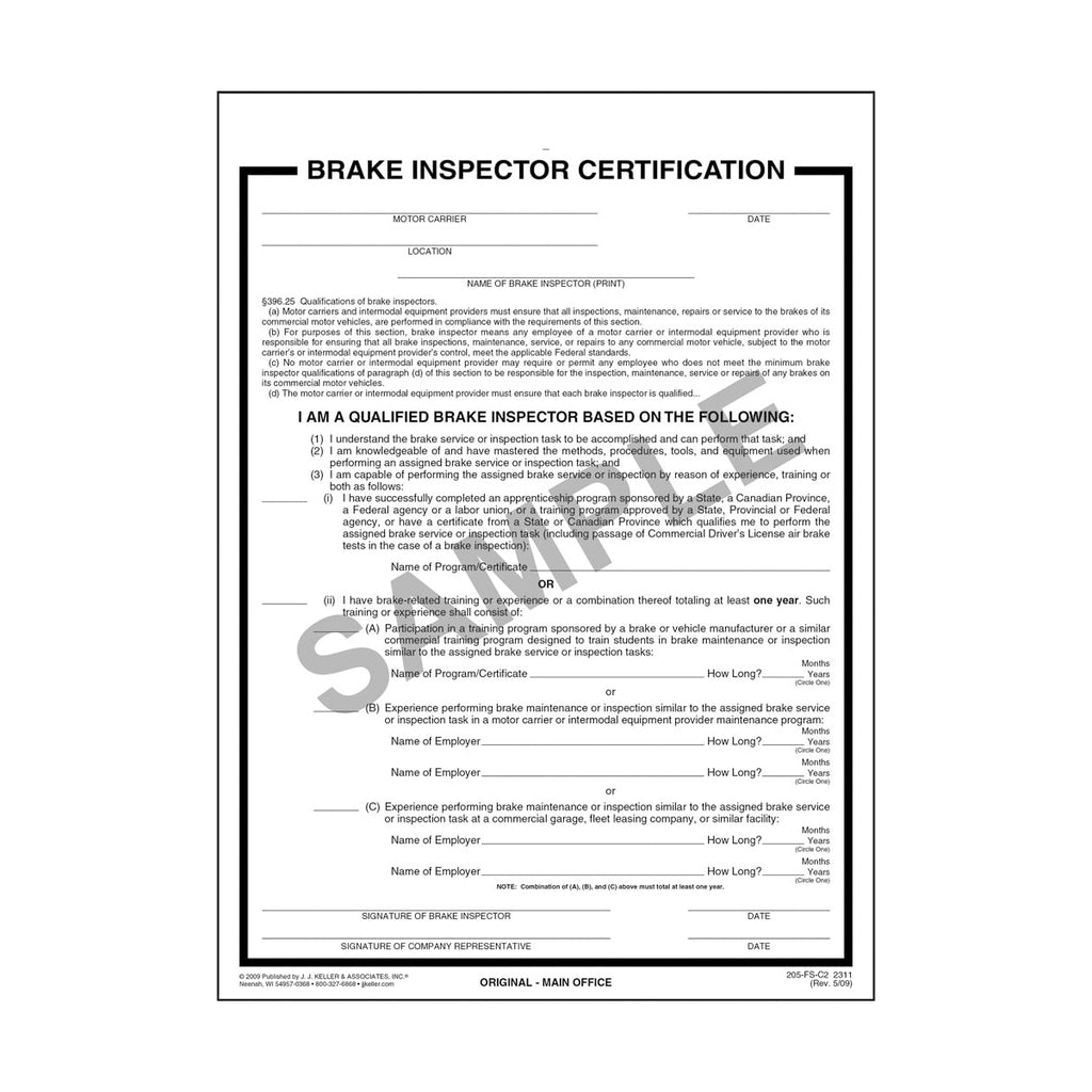 Brake Inspector Certification with ID card