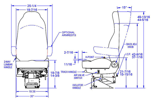 Heritage Silver Seat (Black Cloth) w/ Armrests 189800FA631 - Seats Inc. -  Big Rig World