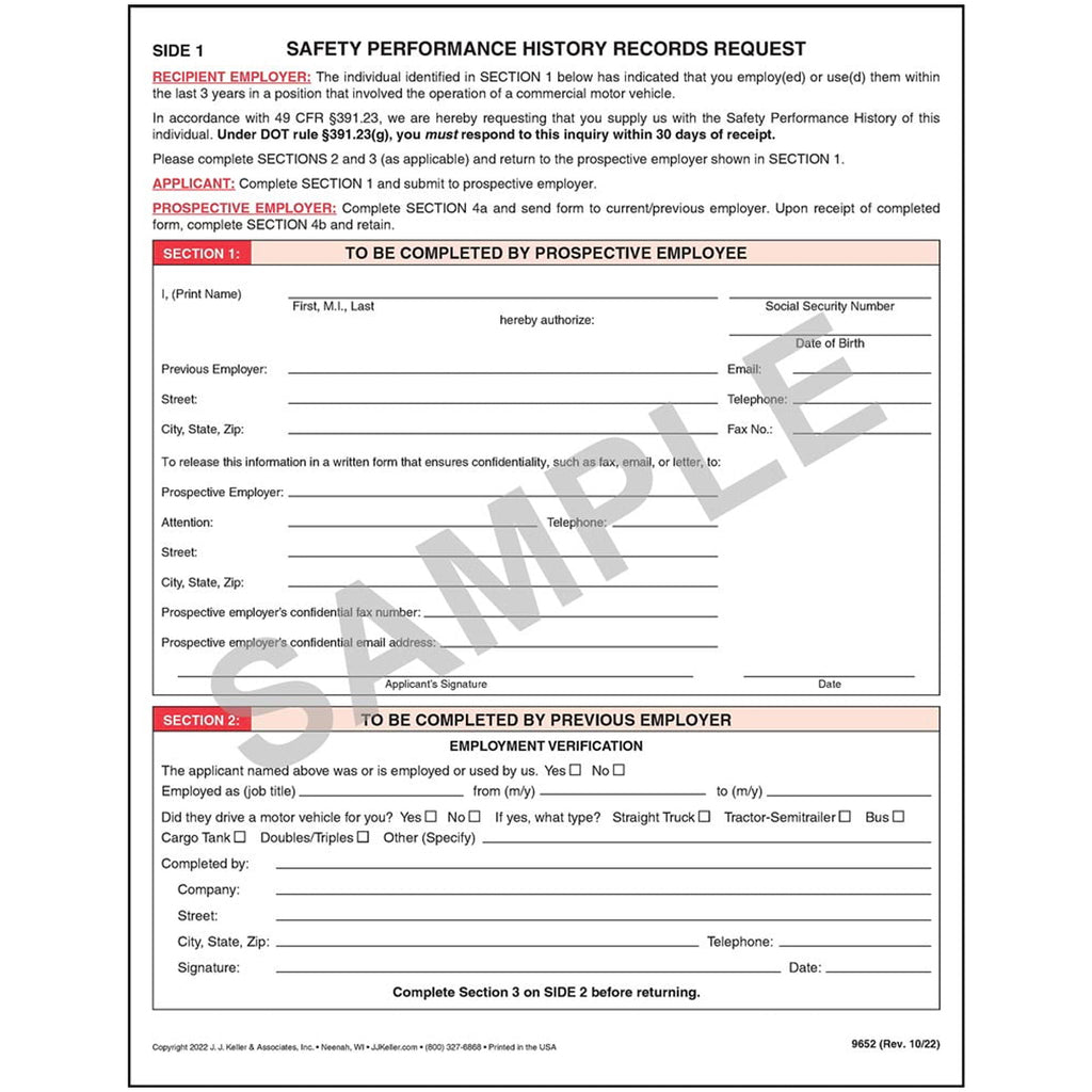 Safety Performance History Records Request (Padded Format, 8-1/2" W x 11" L)