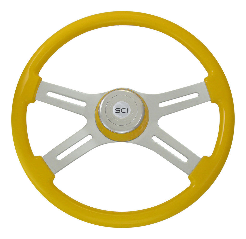 Steering Creations - 18" Yellow Painted Wood Rim Steering Wheel w 4 Chrome Spokes