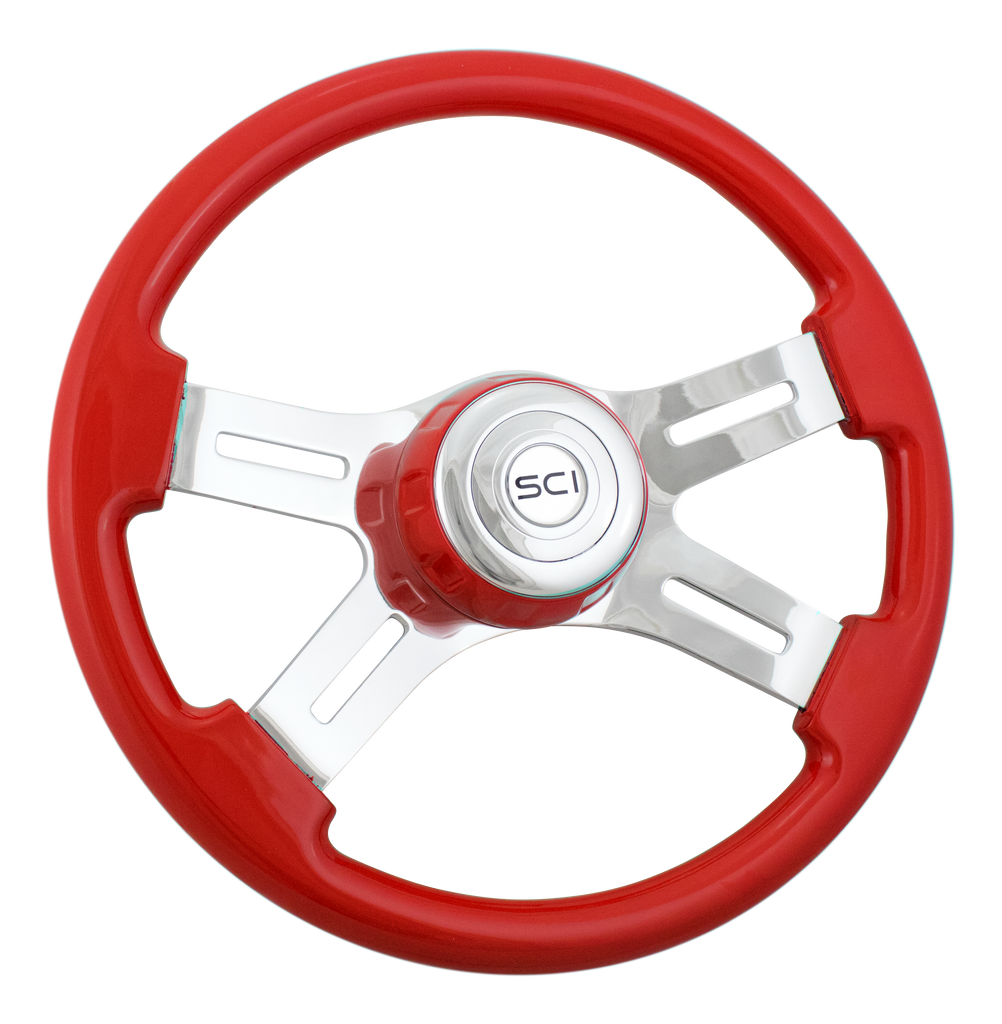 Classic 18" Painted (Viper Red) Wood Rim Steering Wheel w 4-Spoke Chrome Slot Cut Outs