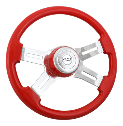 Classic 18" Painted (Viper Red) Wood Rim Steering Wheel w 4-Spoke Chrome Slot Cut Outs