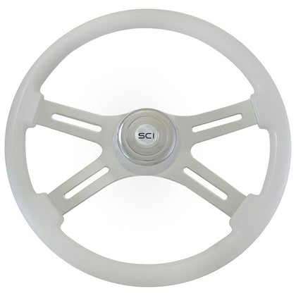 18" Classic Wood Steering Wheel w/ Chrome 4-Spokes & Matching Bezel (White)