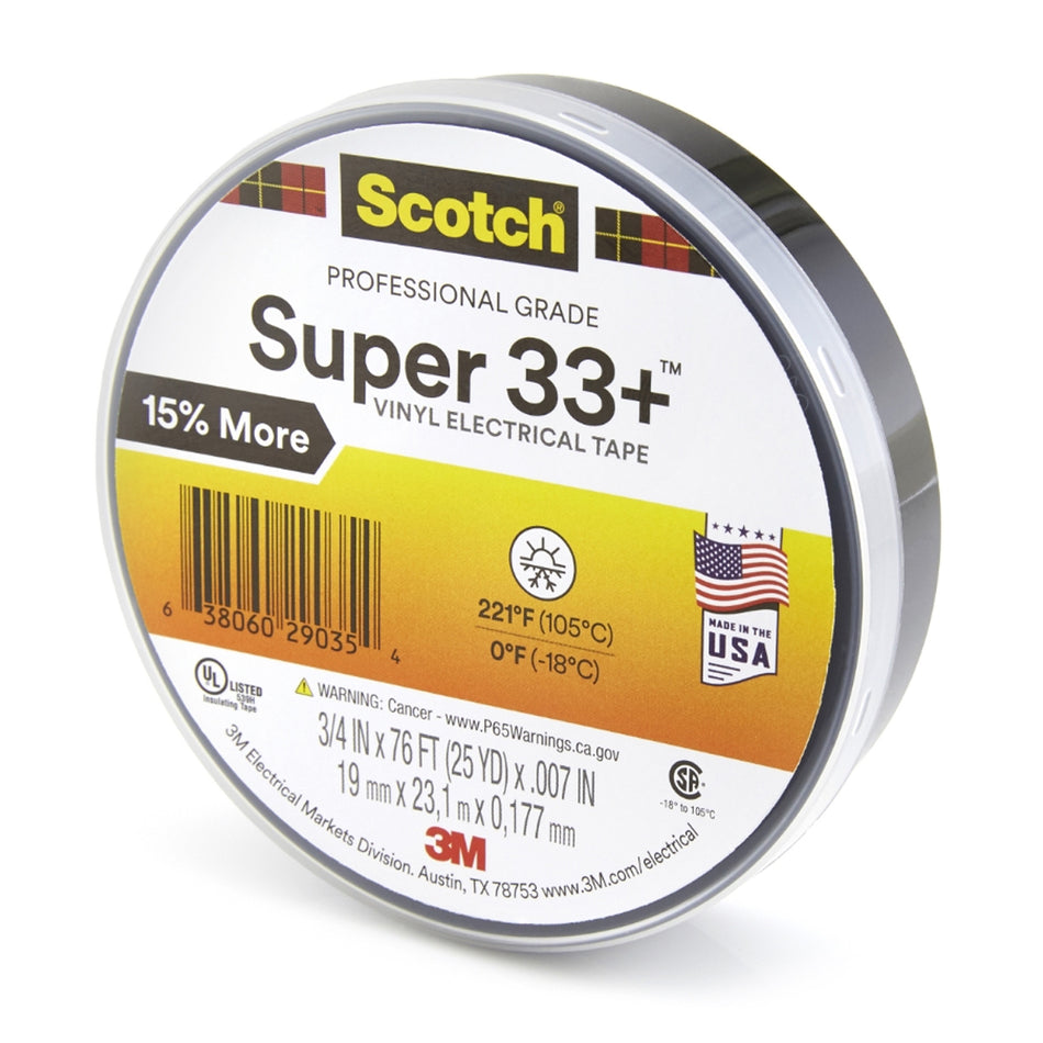 3M Scotch® Super 33+ Professional Grade Black Electrical Tape, 3/4" Wide, 76' Roll