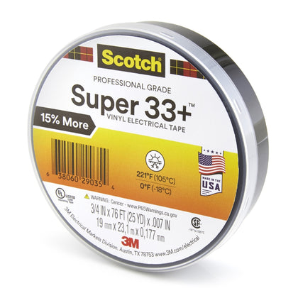 3M Scotch® Super 33+ Professional Grade Black Electrical Tape, 3/4" Wide, 76' Roll