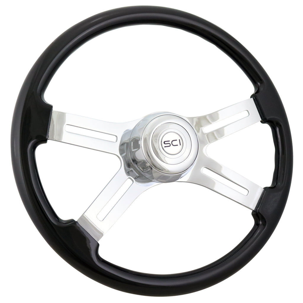 16" Painted Wood Rim, Chrome 4-Spoke w/ Slot Cut Outs, Chrome Bezel, Chrome Horn Button - Logo