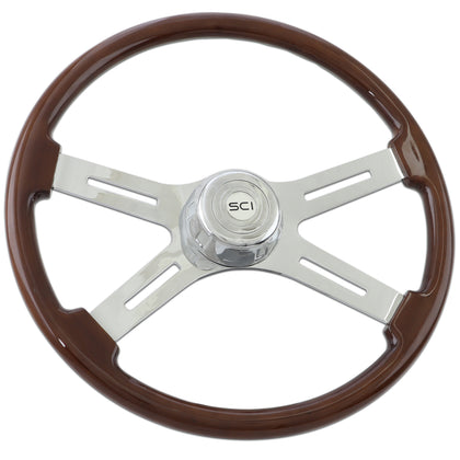 20" Classic Mahogany Wood Rim, Chrome 4 Spoke w Slot Cut Outs & Chrome Bezel (SCI Logo)