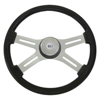 18" Black Painted Wood Rim, Chrome 4-Spoke w Slot Cut Outs & Matching Bezel Chrome Horn Button (Logo)