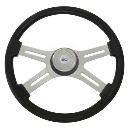 18" Black Painted Wood Rim, Chrome 4-Spoke w Slot Cut Outs & Matching Bezel Chrome Horn Button (Logo)