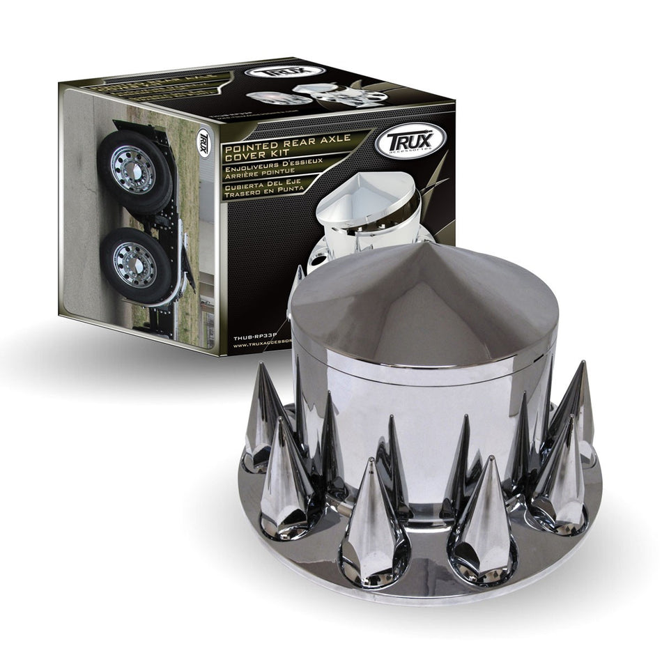 Chrome ABS Plastic Rear Pointed Axle Cover Kit w Removable Center Cap & 33mm Threaded Nut Covers