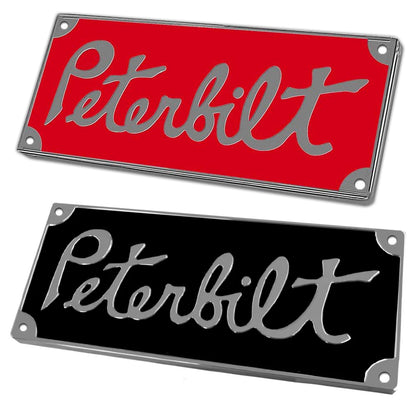 Old School Style Rectangle Peterbilt Emblem - Red or Black & Chrome