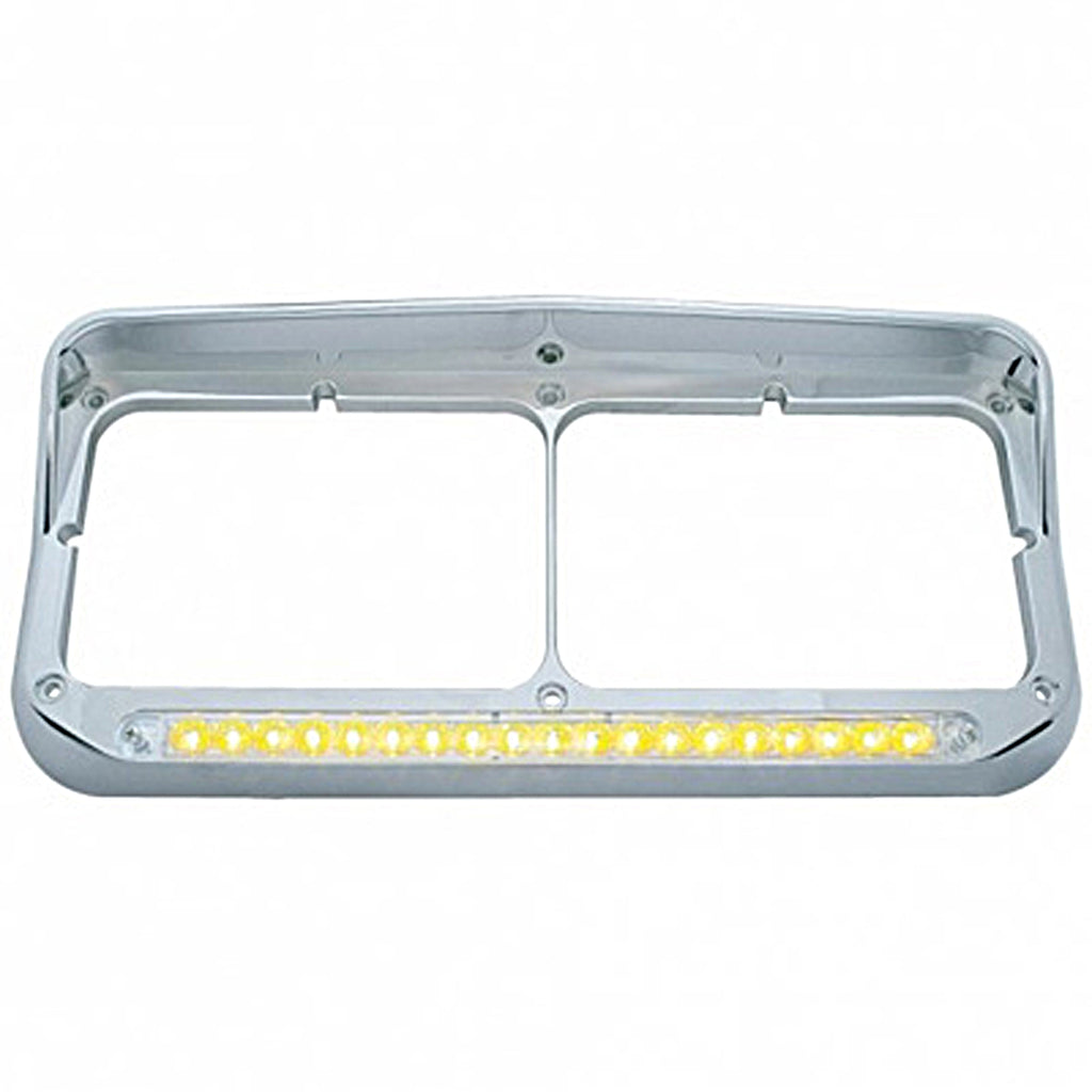 Chrome Rectangular Dual Headlight Bezel With Visor & 19 LED Light Bar (Amber LED/Clear Lens)