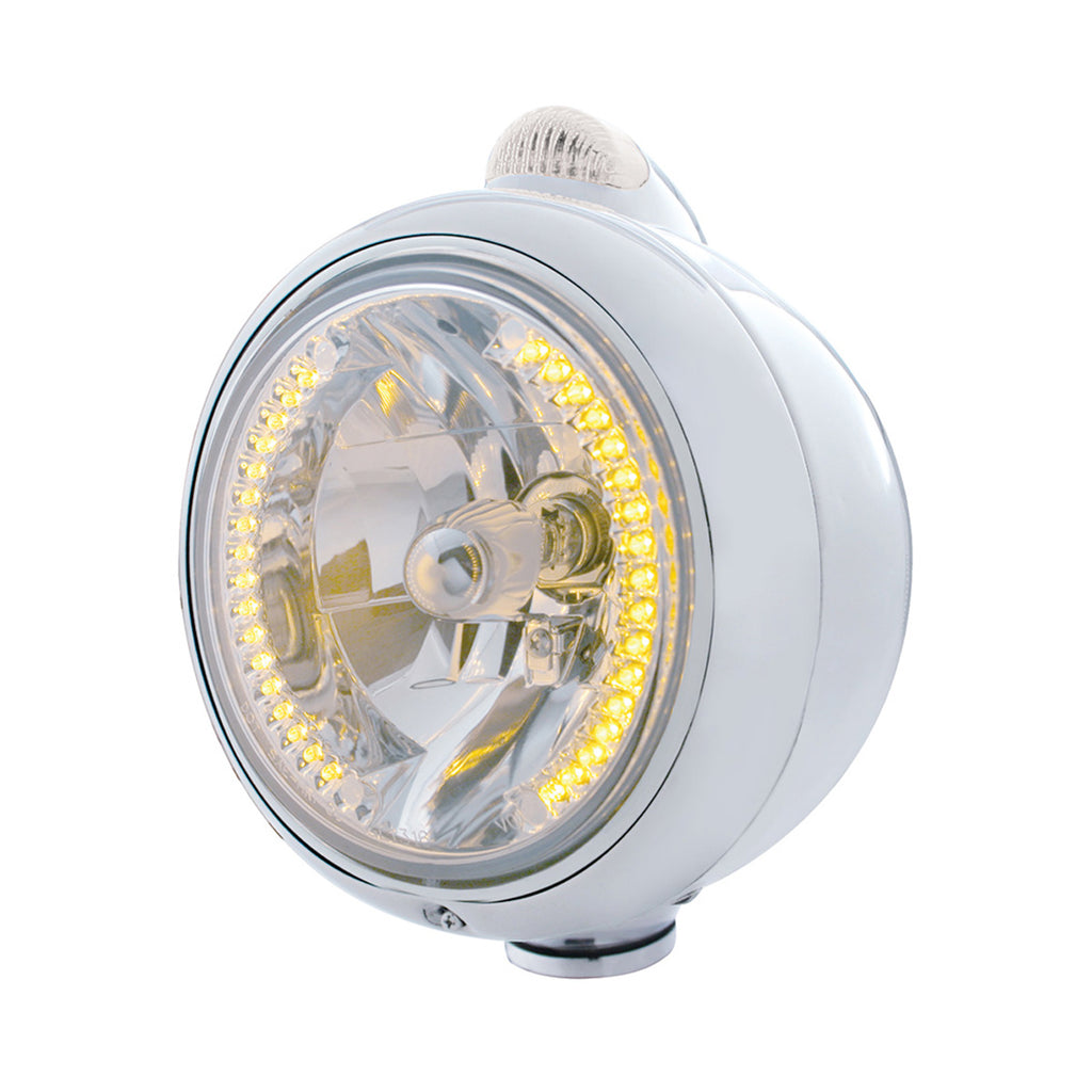Stainless Steel Guide 682-C Headlight H4 With 34 Amber or White LEDs & LED Signal (Clear Lens)