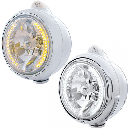 Stainless Steel Guide 682-C Headlight H4 With 34 Amber or White LEDs & LED Signal (Clear Lens)