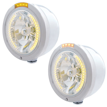 Stainless Steel Bullet Half Moon Headlight H4 With Amber LED & Dual Mode LED Signal (Amber or Clear Lens)