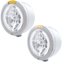 Stainless Steel Bullet Half Moon Headlight H4 With White LED & Dual Mode LED Signal (Amber or Clear Lens)