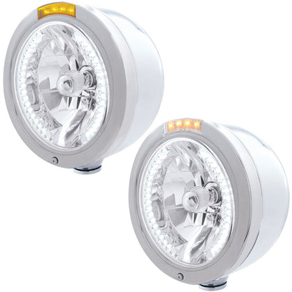 Stainless Steel Bullet Half Moon Headlight H4 With White LED & Dual Mode LED Signal (Amber or Clear Lens)