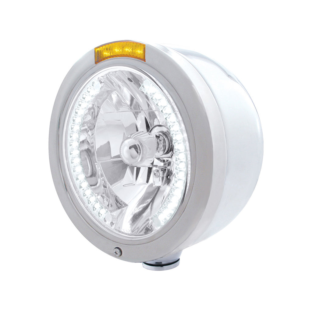 United Pacific - Stainless Steel Bullet Half Moon Headlight H4 With White LED & Signal (Amber or Clear Lens)